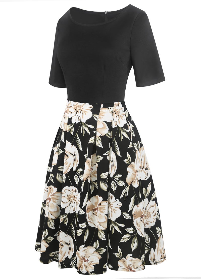 oxiuly Women's Vintage Patchwork Pockets Puffy Swing Casual Party Dress OX165 (Black Khaki, xx_l) - Image 5